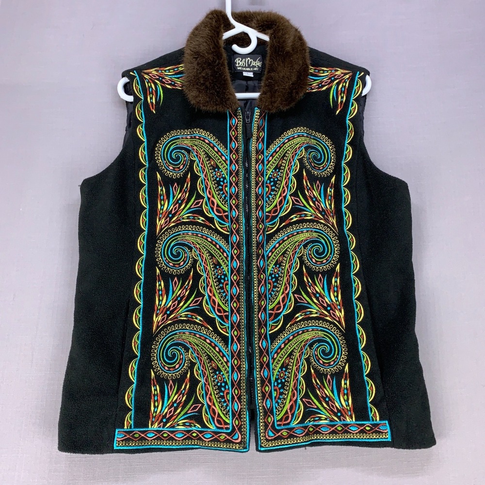 Bob Mackie Vest Women Large Black Embroidered Faux Fur Collar Fleece Full Zip